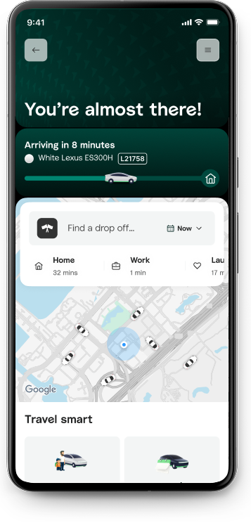 Consolidated Rides homepage with a single destination search entry point